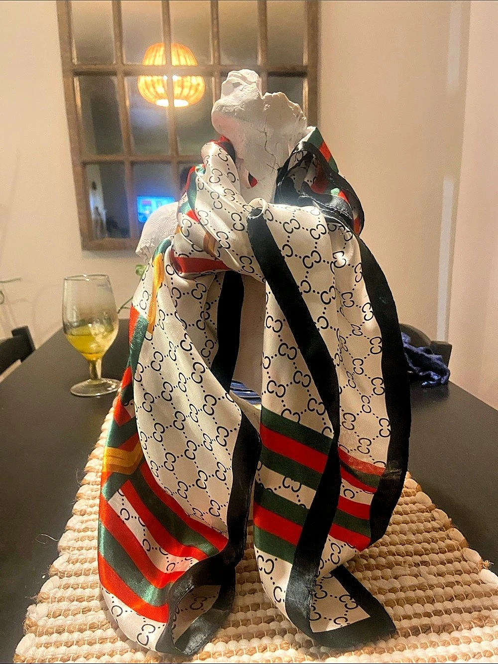 Pattern Silk Scarf in Cream & Green Like New